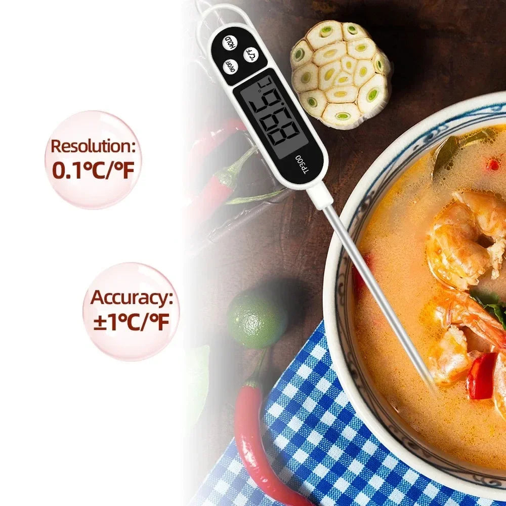 A digital food thermometer displays a temperature reading of 16.8 degrees and is shown next to a bowl of soup.