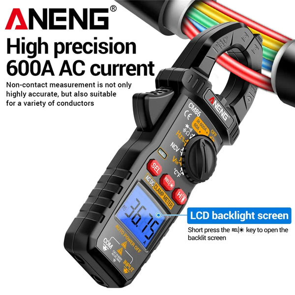 Black ANENG high precision 600A AC current clamp meter with LCD backlight screen