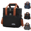 Black insulated lunch bag with brown straps and double-layer compartments shown in various views.