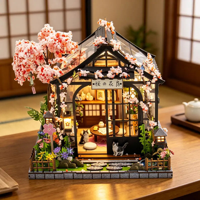 A detailed miniature Japanese sakura tea house model featuring pink blossoms and an interior scene.