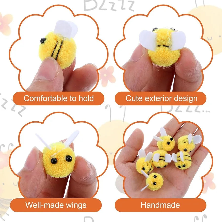 Handmade yellow wool felt bee pompoms with wings for crafts and decorations
