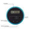 A digital coin counting piggy bank showing a Euro amount on an LCD display and buttons for adding or subtracting coins.