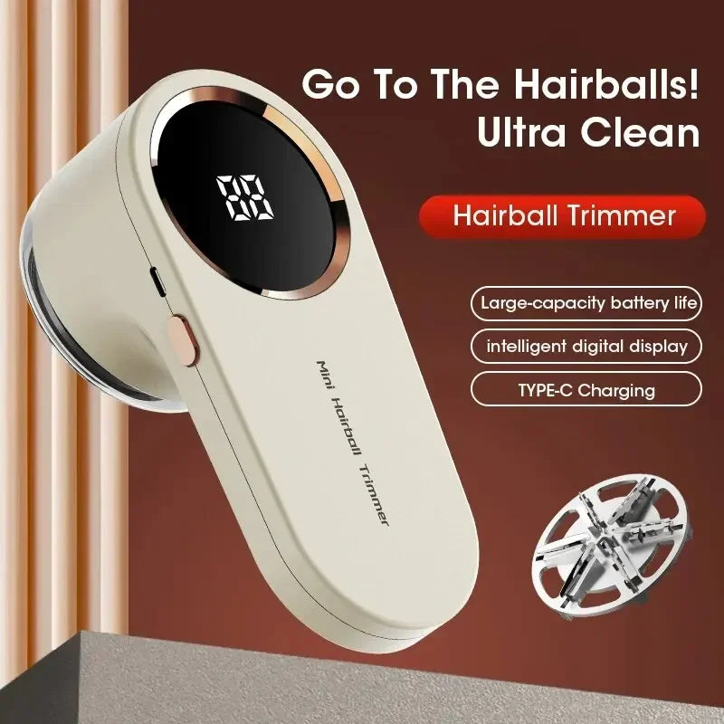 A beige electric hairball trimmer with a digital display and Type-C charging port is shown against a brown background.