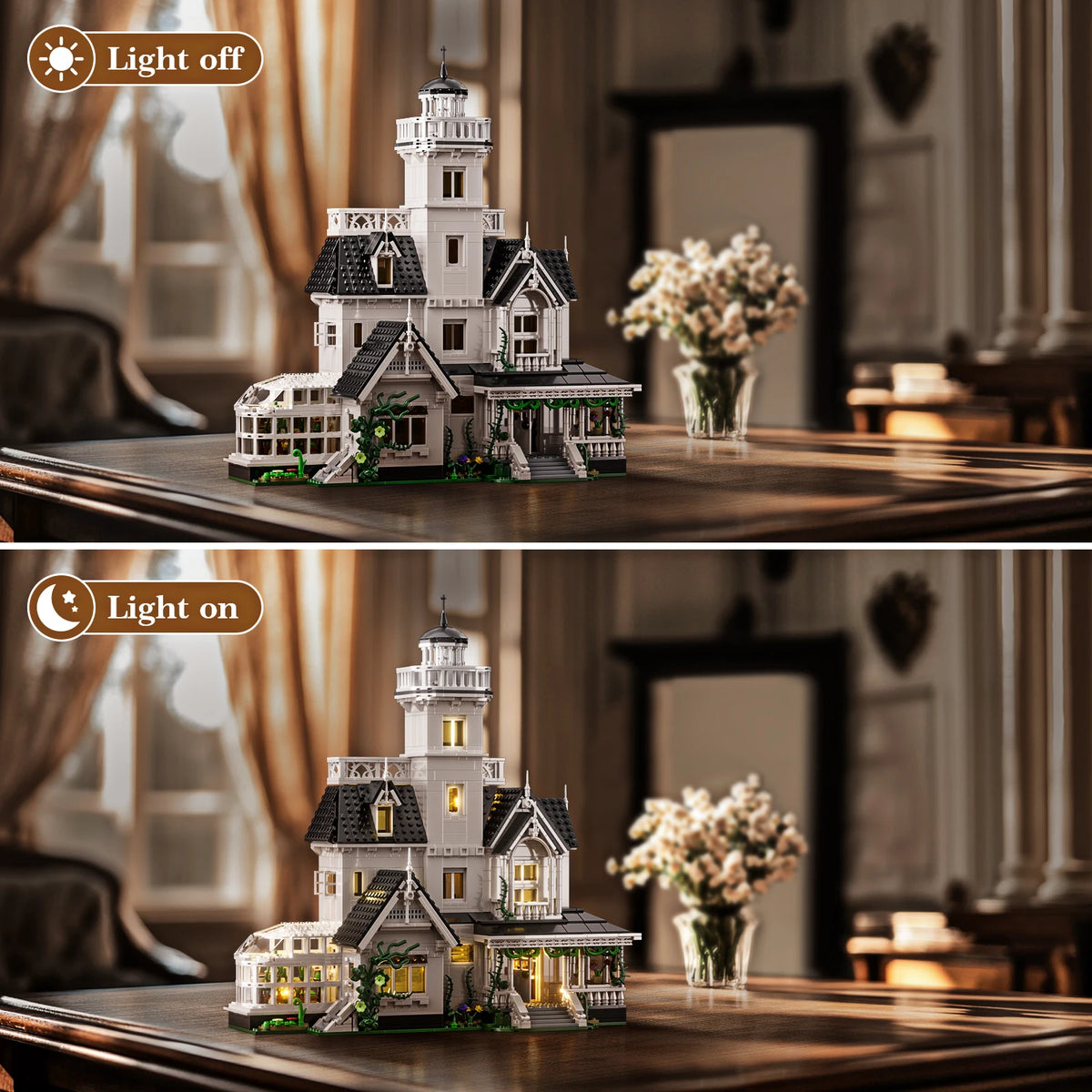 A detailed miniature Victorian house building kit displayed on a wooden surface, shown in both light off and light on setting