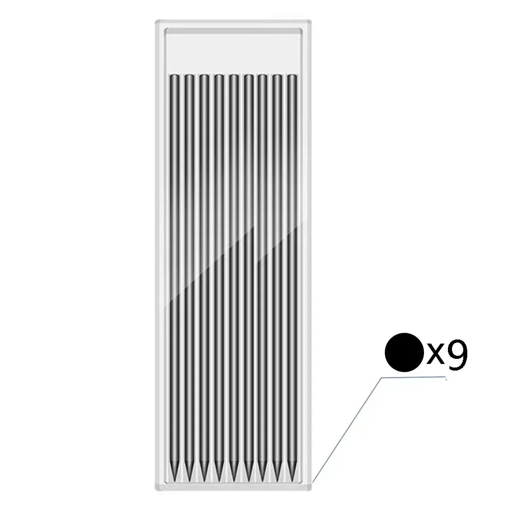 A vertical arrangement of nine metal pencils with sharpened tips inside a clear casing.