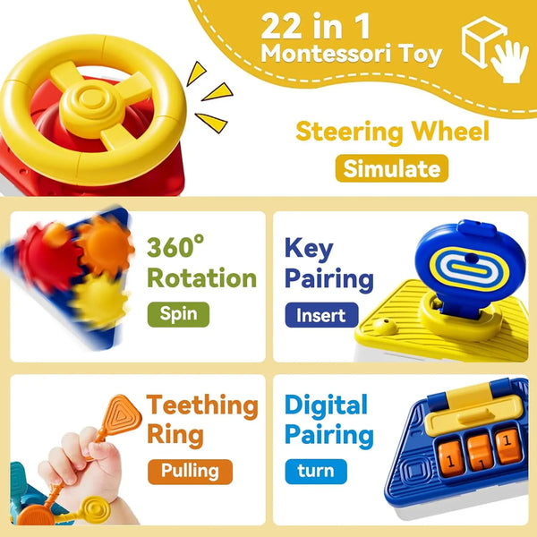 Un ensemble de jouets Montessori comprenant une roue de direction, un jouet rotatif à 360 degrés, un anneau pour téter et des