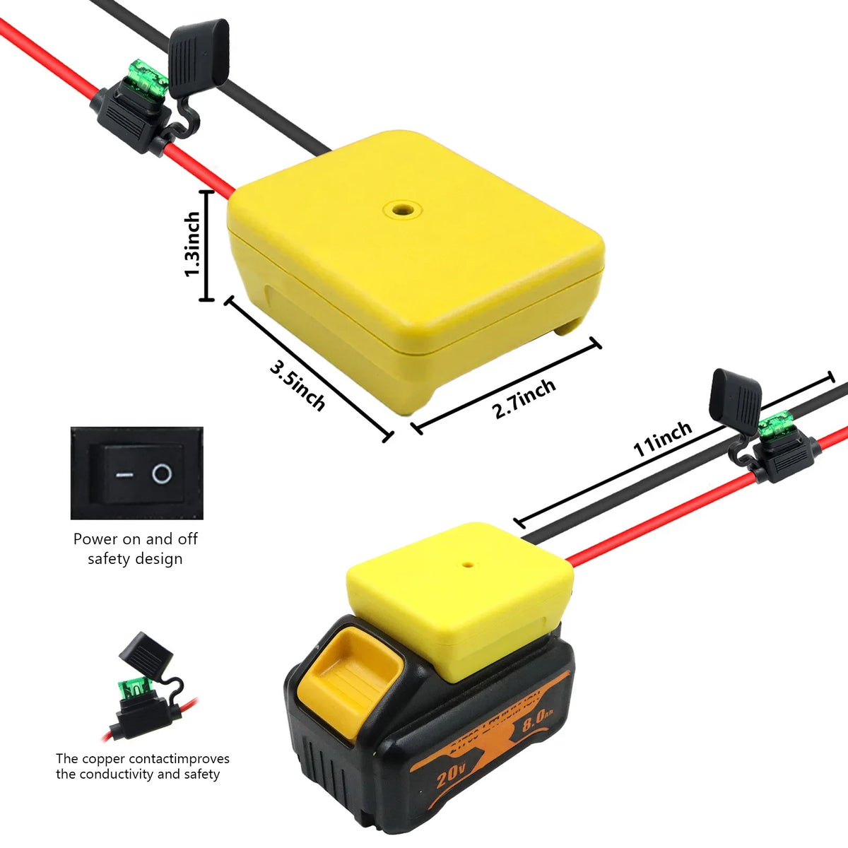 A yellow power tool battery adapter featuring a switch, fuse, and copper contacts for conductivity and safety.