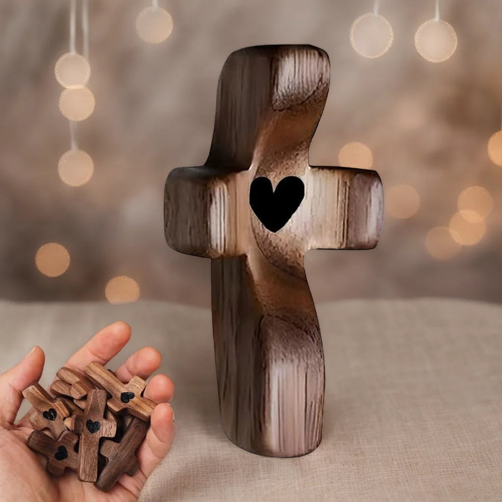 Wooden Pocket Cross with Heart Cutout