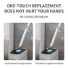 A white disposable toilet brush set showing the process of one-touch replacement and use.