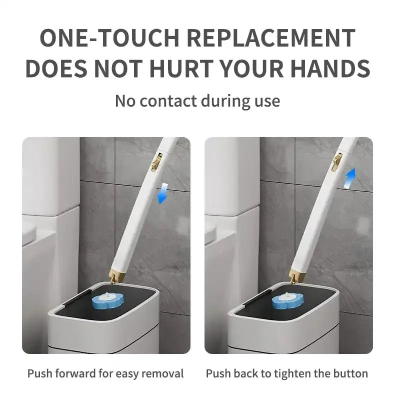 A white disposable toilet brush set showing the process of one-touch replacement and use.