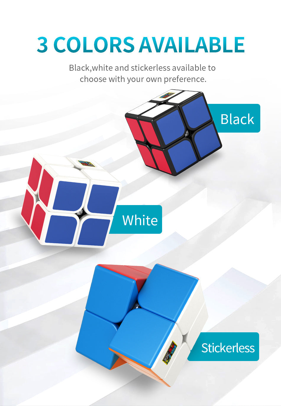 Three color options of a MoYu Meilong 2x2 Speed Cube shown in different angles.