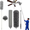 A microfiber duster with a rotating brush head and telescopic extension pole shown next to various cleaning tools.