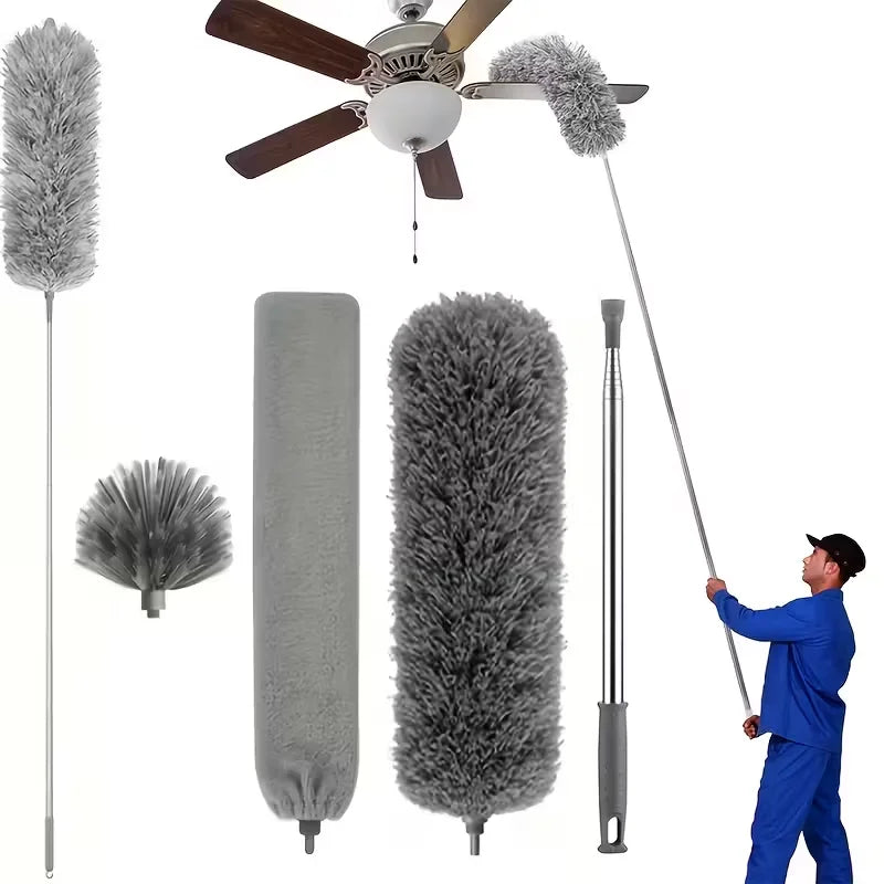 A microfiber duster with a rotating brush head and telescopic extension pole shown next to various cleaning tools.