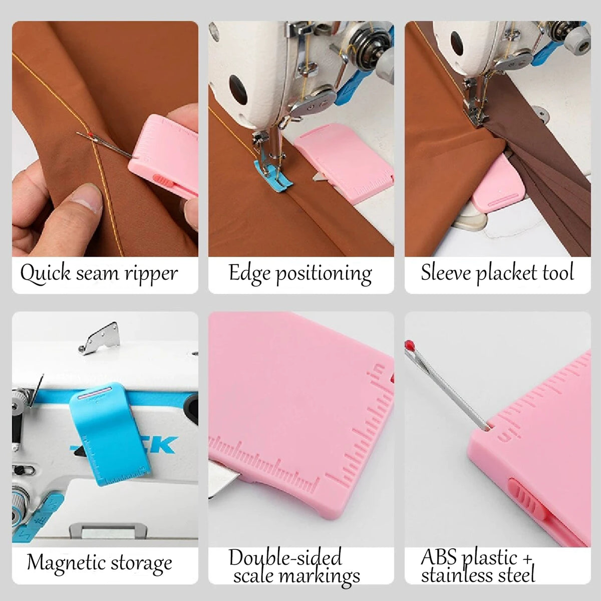 A set of magnetic sewing tools including a seam ripper, edge positioning tool, sleeve placket tool, magnetic storage, scale m