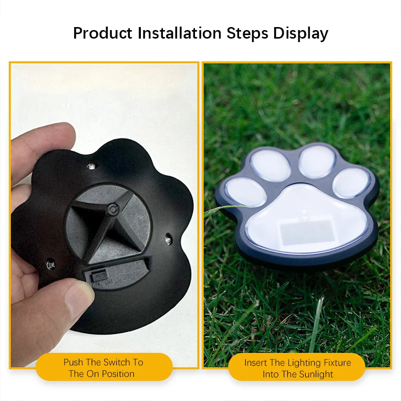 Display shows installation steps for solar dog paw pathway lights, including inserting the fixture into the sunlight.