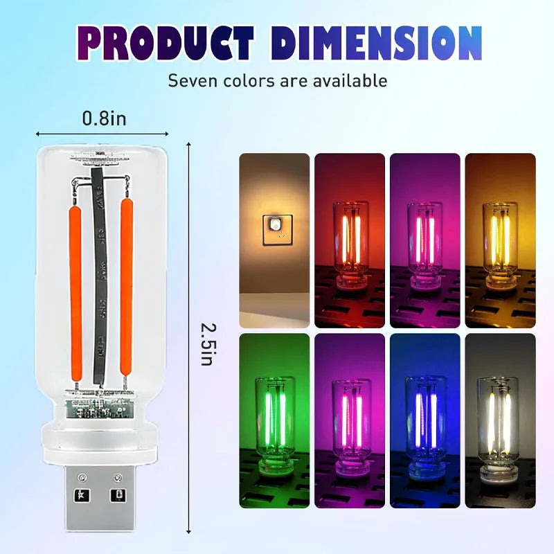A white USB touch-dimmable LED night light with warm filament glow shown alongside seven available colors.