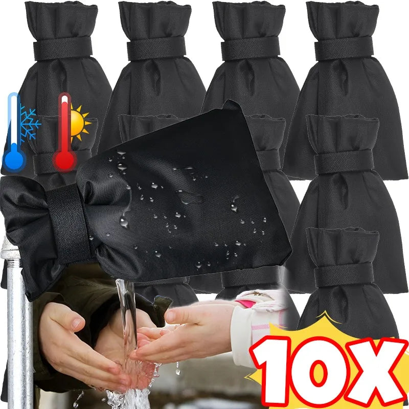 Black fabric faucet insulation covers tied in a bow, shown being used to protect outdoor taps from freezing.