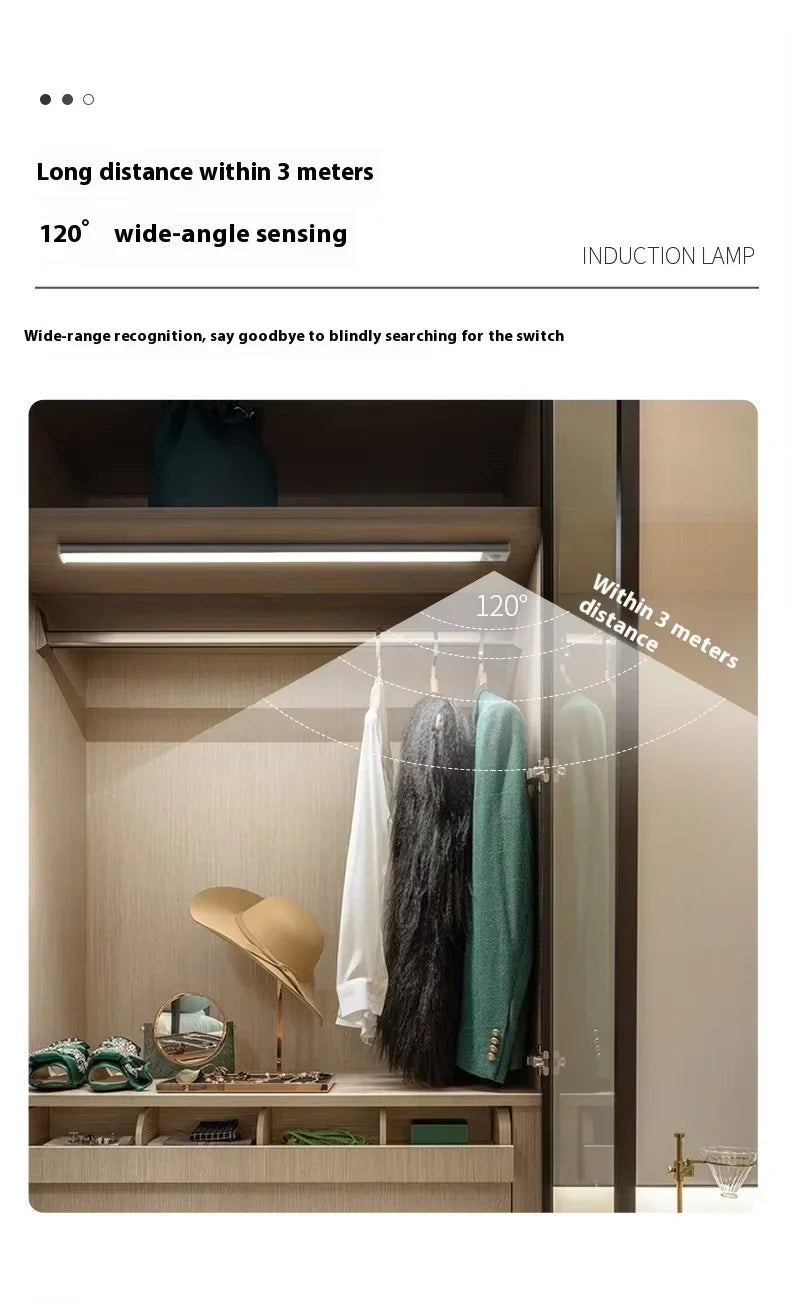 An induction lamp illuminates a cabinet interior, demonstrating wide-angle sensing for long distance recognition.