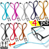 A collection of four adjustable soft eyewear lanyards in various colors including blue, pink, gray, and brown, with a pair of