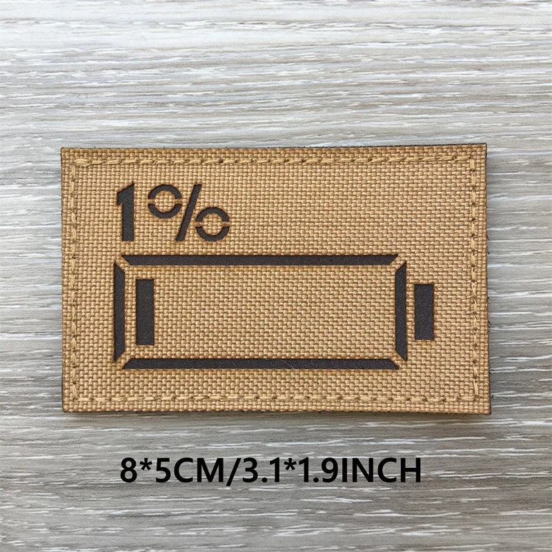 A tan fabric patch with black text showing 1% and a cylindrical shape on a wooden surface.