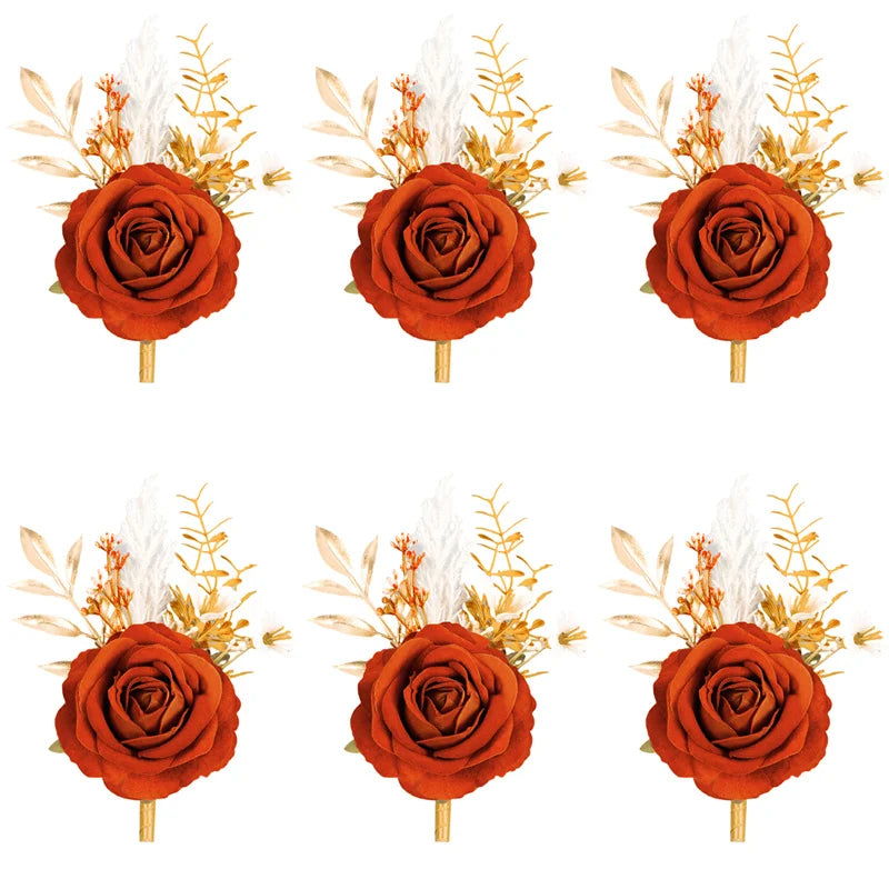 Burnt Orange Silk Boutonniere Set for Wedding Groom and Groomsmen