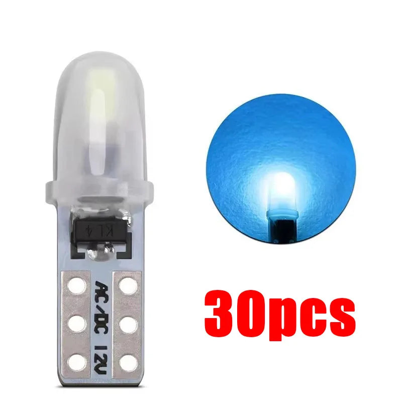A set of 30 T5 wedge LED bulbs for various automotive lights, showing the bulb and a close-up view of its light.