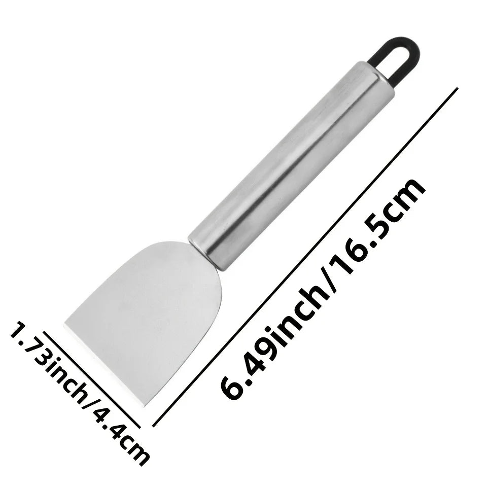Stainless steel multi-purpose scraper with a handle and blade, measuring 6.49 inches long.