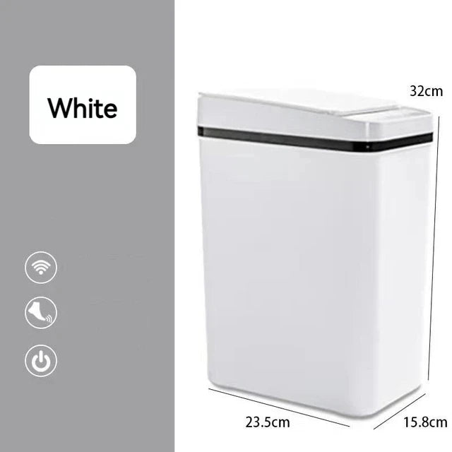 A white slim touchless trash can with a lid and sensor features are indicated.