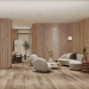 Interior design featuring light wood paneling walls and a modern living space with soft seating.