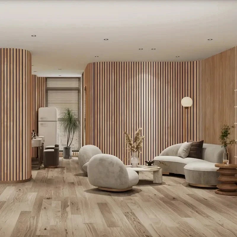 Interior design featuring light wood paneling walls and a modern living space with soft seating.