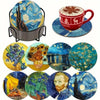 A set of diamond painting coasters featuring various nature and landscape scenes, including a red coffee cup coaster.