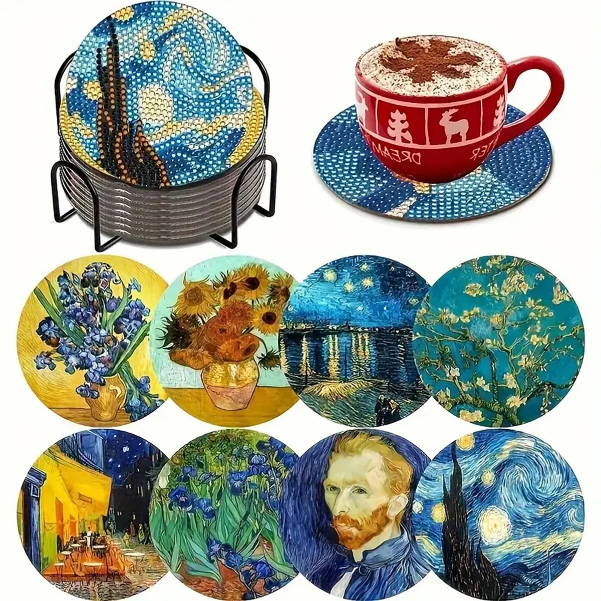 A set of diamond painting coasters featuring various nature and landscape scenes, including a red coffee cup coaster.