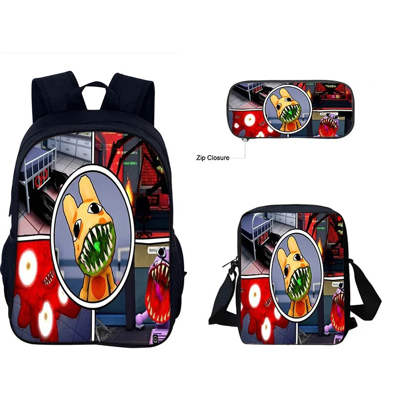 A black backpack featuring a dinosaur design, including an attached crossbody bag and pencil case.