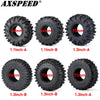 Set of black mud terrain wheels and tires in various sizes and configurations for RC crawlers