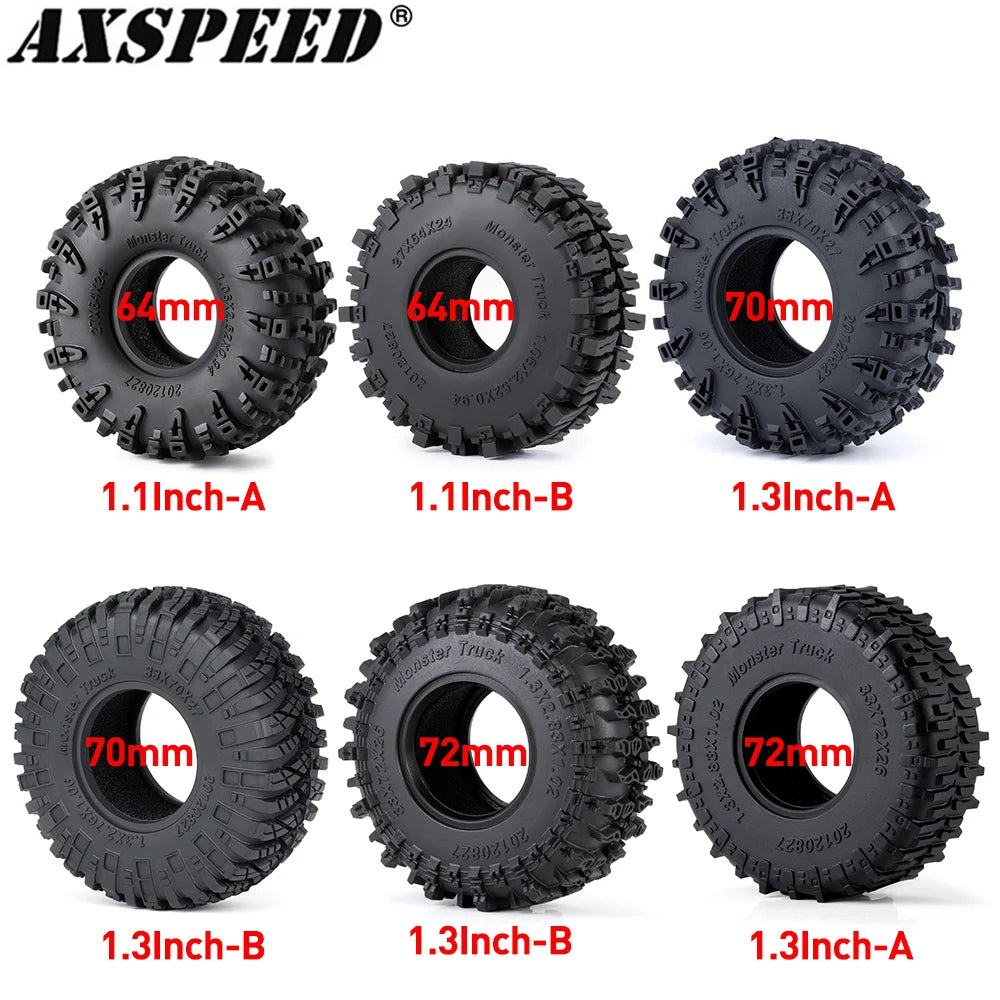 Set of black mud terrain wheels and tires in various sizes and configurations for RC crawlers