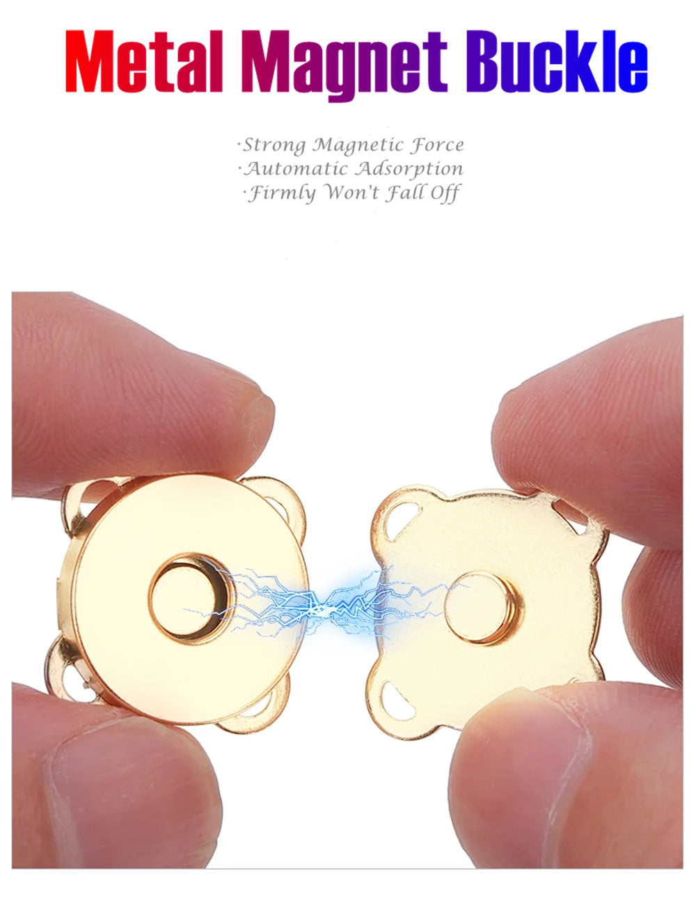 Una mano demuestra una hebilla magnética de metal, mostrando la atracción magnética entre dos piezas de metal de color dorado