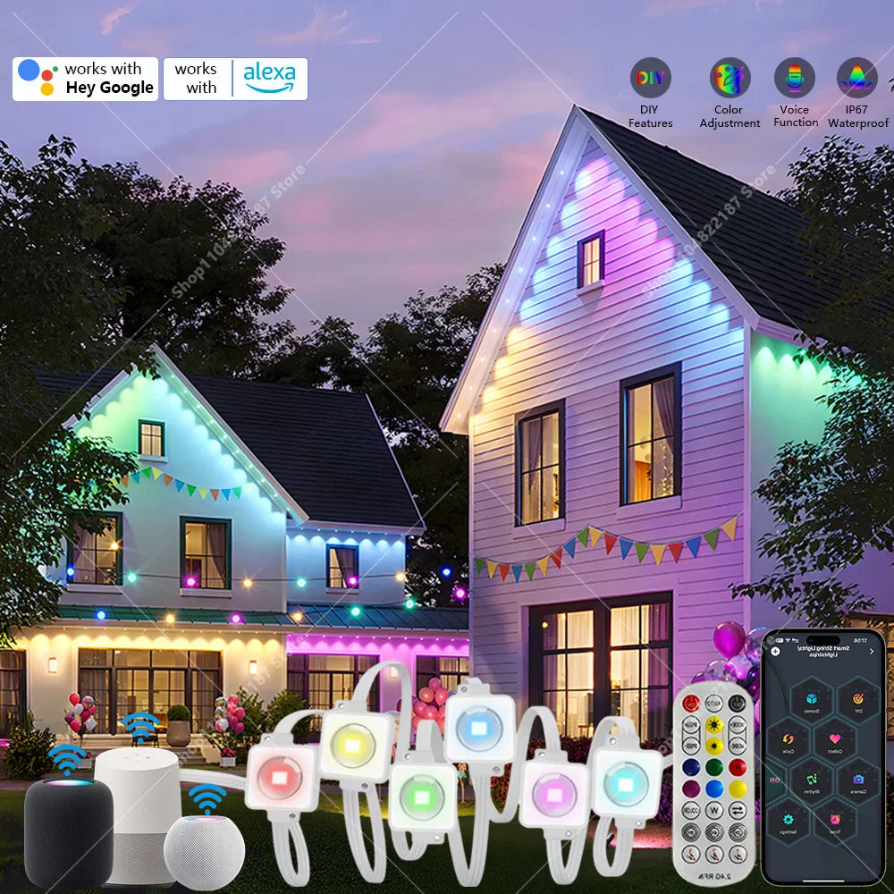 Permanent RGBIC outdoor eave lights with remote and app control installed on a house facade.