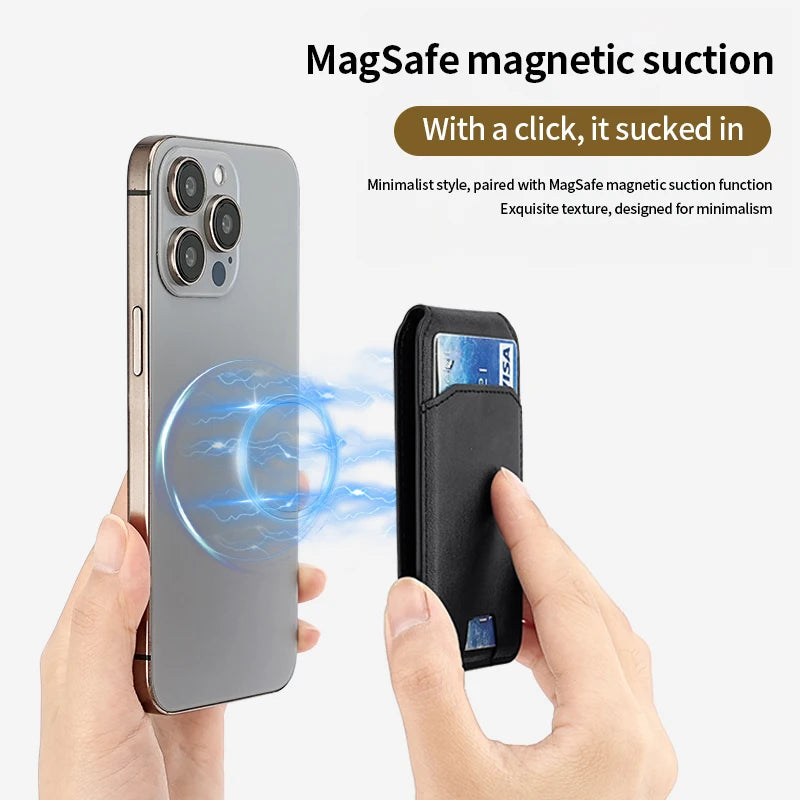 A hand holds an iPhone and a black magnetic leather wallet case with a card holder.