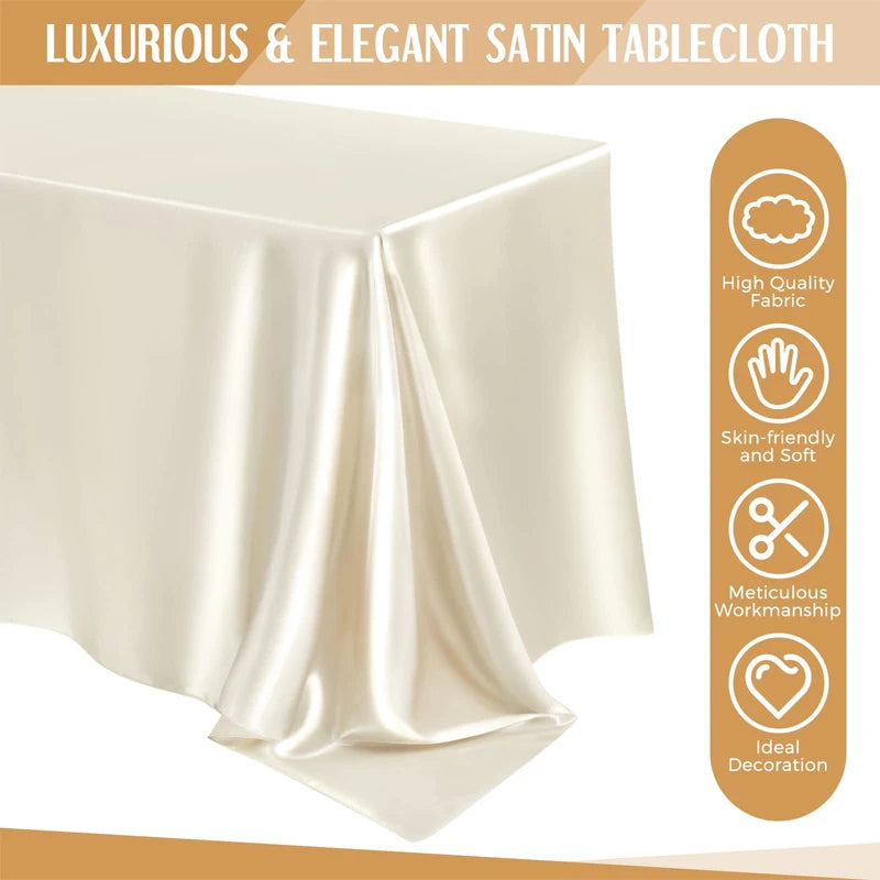A smooth, ivory satin tablecloth draped elegantly on a table.