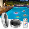 A silver solar floating pool light device and a round metal light fixture are shown in an outdoor pool setting.