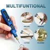 A hand holds a blue multifunctional mini rotary tool kit used for drilling, grinding, cutting, and polishing.