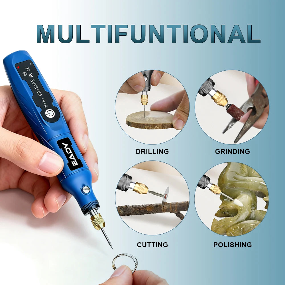 A hand holds a blue multifunctional mini rotary tool kit used for drilling, grinding, cutting, and polishing.