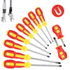 A set of ten magnetic screwdrivers in red and yellow plastic with metal tips shown against a white background.