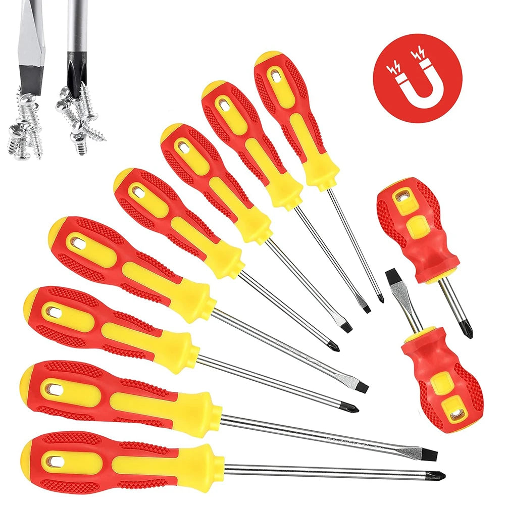 A set of ten magnetic screwdrivers in red and yellow plastic with metal tips shown against a white background.