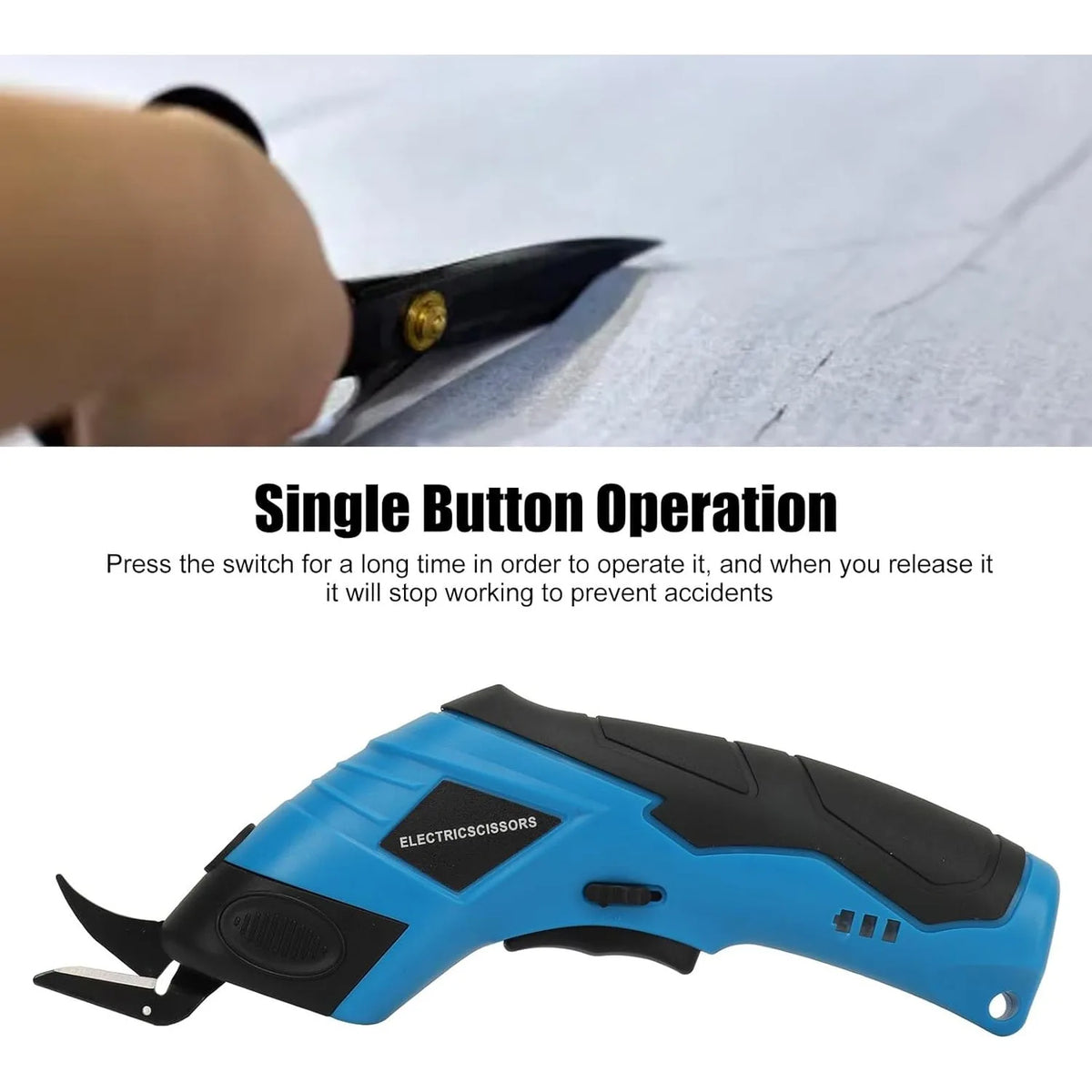 A blue and black cordless electric scissors tool is shown with a hand pressing the switch.