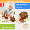 A brown hedgehog sensory toy is shown with various colorful parts, demonstrating easy storage and opening.
