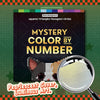 A close-up of a mystery color by number puzzle featuring a pixelated cat face, with a magnifying glass in the foreground.