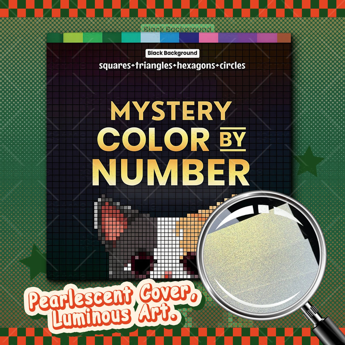 A close-up of a mystery color by number puzzle featuring a pixelated cat face, with a magnifying glass in the foreground.