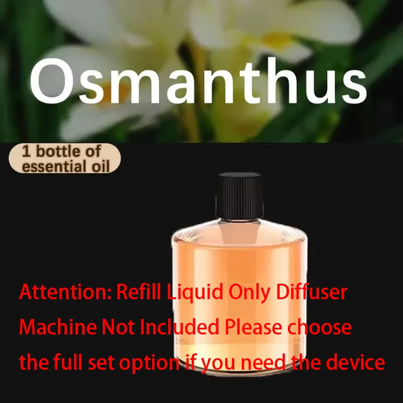 A glass bottle of Osmanthus essential oil with a refill warning label.
