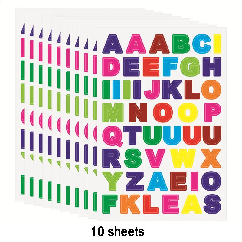 A sheet of colorful alphabet stickers arranged in a grid for learning